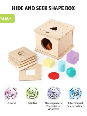 Premium Wooden Hide & Seek Shape Box Montessori Learning Toy for Kids Teaches Object Permanence Shapes & ColoursEarly Learning Geometric Shape Sorting Game BIS Certified Paediatrician RecommendedMulticolour Best Gift for Babie
