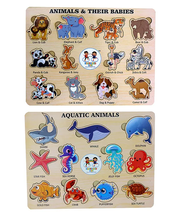 Wooden Aquatic Animals & Animals & Their Babies Puzzle with Knobs Multicolour 23 Pieces