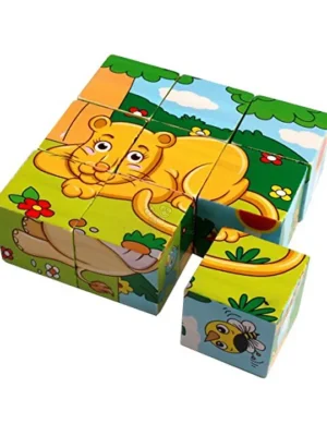 3D Wild Animal Block 6 Face Puzzle Wooden Cube Jigsaw 9 Pieces without Storage Tray