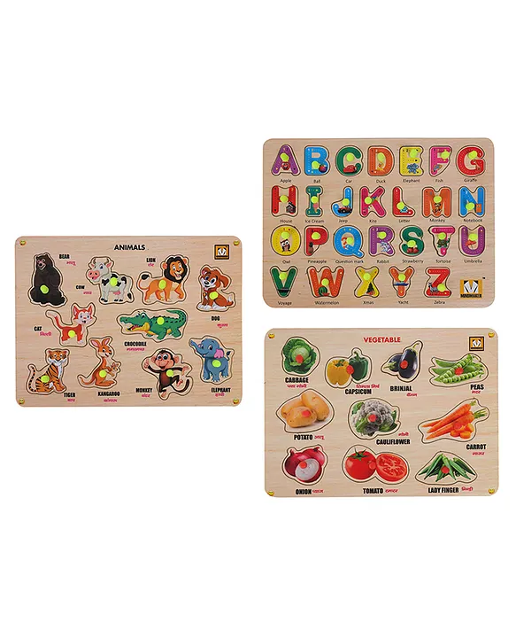 Vegetable Animals Alphabets Wooden Knob & Peg Puzzle 44 Pieces