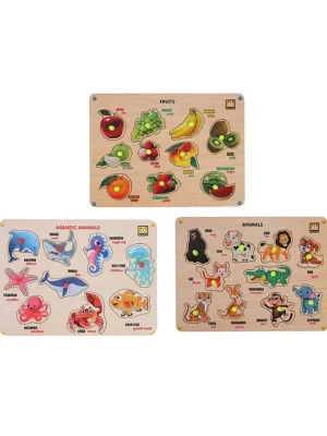 Fruit Animals Aquatic Animals Wooden Knob & Peg Puzzle 27 Pieces