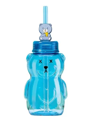 Teddy Shaped Water Bottle with Straw Blue 430 ml
