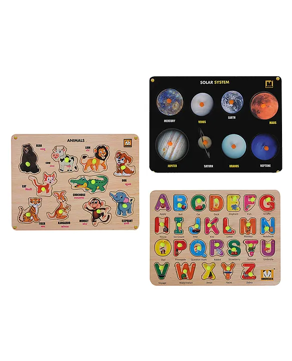 Wooden Puzzle with Knobs Educational and Learning Toy Animal Solar System & Alphabet 42 Pieces