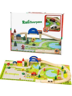 Wooden Track Car Bridge Toy Set with Puzzle Playmat & Scenic Accessories 40 Pieces