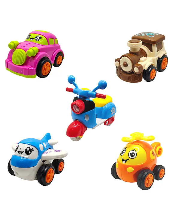 SVE Unbreakable Friction Powered Toy Set of Car Train Plane Helicopter & Scooter For Kids Pack of 5 Multicolor
