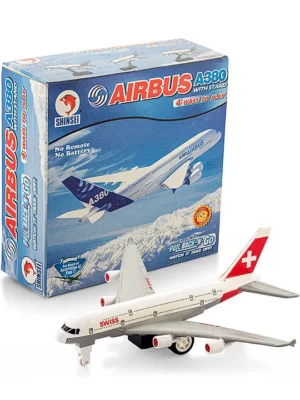 Shinsei Pull Back Swiss A380 Plane with Stand White (Color May Vary)