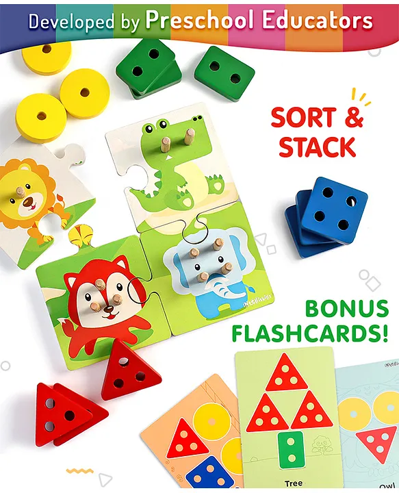 Wooden Geometric Shape & Colour Sorter & Stacker Premium Jigsaw Puzzle 18 Pieces