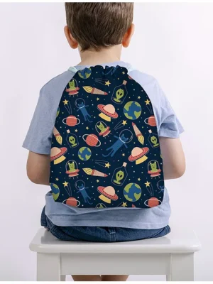 Baby of Mine Space Station Print Waterproof Drawstring Multipurpose Bag Blue Height 16 Inches