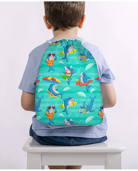 Baby of Mine Cool Shark Print Waterproof Drawstring Multipurpose Bag Blue Height 16 Inches