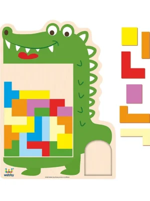 Wooden Alligator Tetris Brain Teaser Puzzle Dark Green 26 Pieces