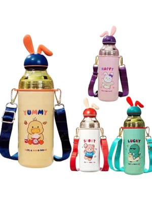 Stainless Steel Bottle with Sipper and Adjustable Strap 1 Pc Random Color & Print