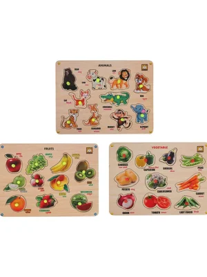 Wooden Puzzle with Knobs Educational and Learning Toy for Kids Fruits Vegetables Animals 3 pieces