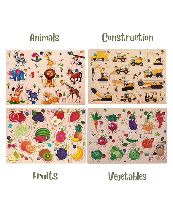 Wooden Board Peg Puzzle Toy Multicolour 4 Puzzle Set