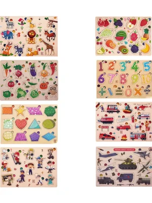 Wooden Board Peg Puzzle Toy Pack of 8 Multicolour