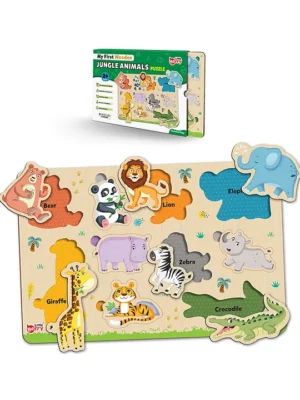 Jungle Animals Wooden Puzzle Tray Knob and Peg Puzzle Multicolour 10 Pegs