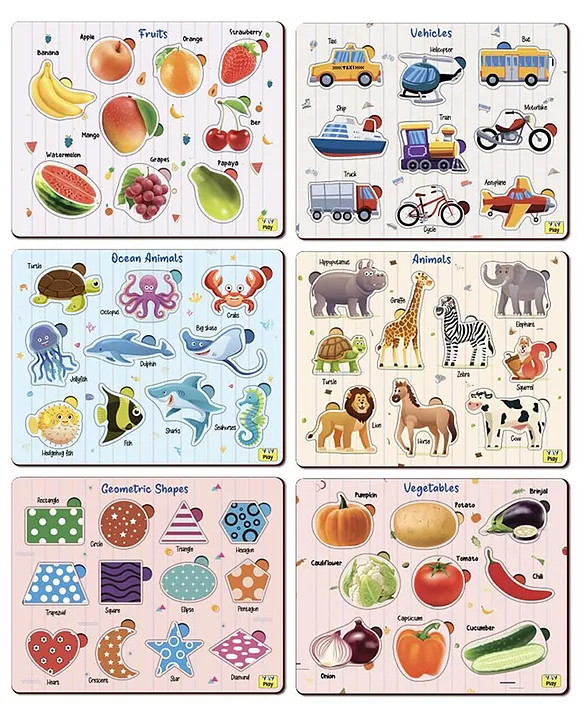 YaYplay 6 In 1 Wooden Educational Puzzles Fruits Vegetables Animals Ocean Animals Vehicles Shapes Set Of 6 58 Pieces