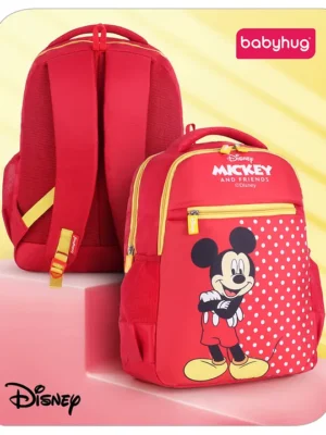 Babyhug Disney Mickey Mouse School Backpack2 Main Compartments 1 Front Pocket 2 side Bottle PocketsWater ResistantLong lasting and Durable Zippers Comfortable back cushioning For School Travel and OutdoorsRed 15.8 inches