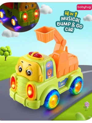 Babyhug Musical Bump & Go Construction series Excavator Truck Green Rolling Eyes Lights & Music Rattling Sound Spatial Awareness Cause & Effect Free Wheels Handeyecoordination Green