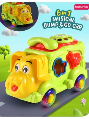 Babyhug 6 in 1 Puppy Musical Bump & Go Car with moving Ear & Eyes Lights & Music Dial Phone Animal Shape Sorter For Toddlers and Kids BIS Certified Storage Time Telling Cause & Effect Yellow
