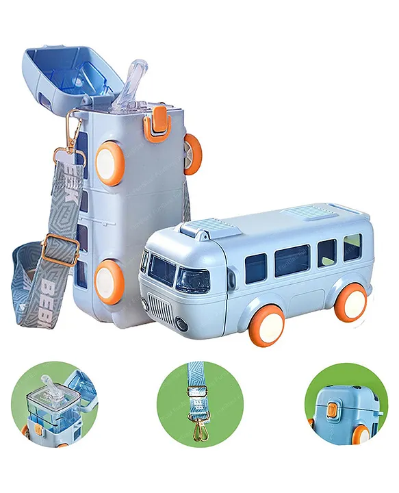 Bus Shaped Water Bottle with Moving Wheels Strap & Sipper Blue 480 ml
