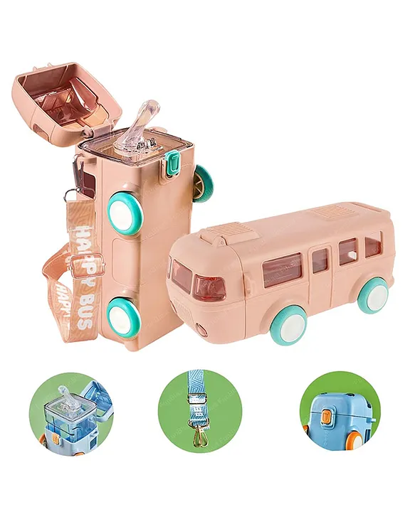 Bus Shaped Water Bottle with Moving Wheels Strap & Sipper Pink 480 ml