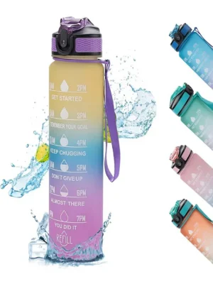 Motivational Water Bottle with Time Marker Sipper Water Bottle with Straw Yellow Purple 1 L
