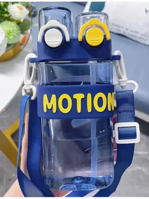 Ji and Ja Leakproof BpaFree Double PopUp Lid Straight Drinking Straw DualUse Water Bottle For Kids School (Random color) 600 ml