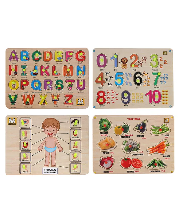 Wooden Puzzle with Knobs Educational and Learning Toy for Kids (Alphabets+Numbers+Body Parts+Vegetables)