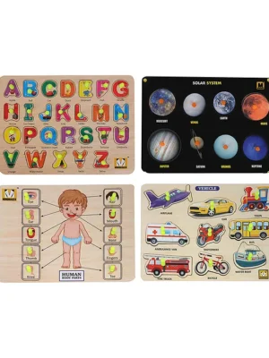 Wooden Puzzle with Knobs Educational and Learning Toy for Kids (Alphabets+Solar System+Body Parts+Transports)