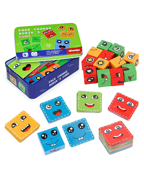 Toysire Wooden Face Cube Change Puzzle for Kids Emoji Expressions Matching Game Gifts Boys & Girls 16 Face Blocks & 72 Playing Cards