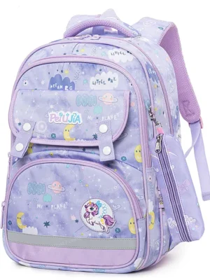 Bunie Unicorn Theme Large Capacity School Backpack with Pouch for Girls Purple 15 Inches