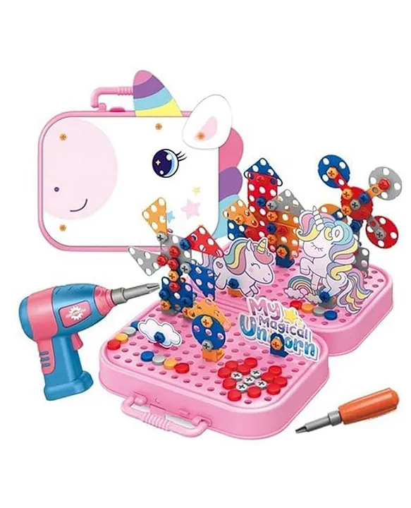 Ji and Ja DIY Electric Drill Screw Tool Set Mosaic Puzzle 228pcs 3D STEM Educational kit for Kids Construction and Building Block Kit Unicorn Design Pink