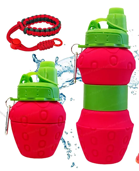 Strawberry Shaped Expandable Silicone Sipper Bottle with Wrist Strap 700 ml Red