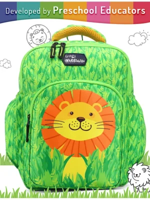 Intelliskills Leo the Lion Durable School Bag with Comfortable Cushion Padding Green 14 Inches Trendy & Spacious Kids Backpack Unisex Printed School Bag for Boys and Girls