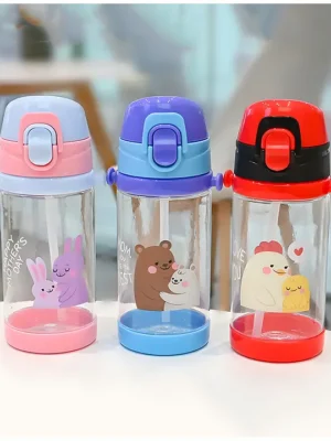 450ml Summer New Kids Cartoon Cute Plastic Water Bottle With Strap Straw Portable Plastic Water BottlesPACK OF 1COLOR MAY VARY