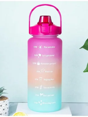 2 L 3D Sticker Water Bottle With Straw Unbreakable Sports Water Bottles With Handle Leak Proof Drinks Bottle Bpa Free For Gym Fitness Outdoor Sports Magenta/Orange/Green Plastic
