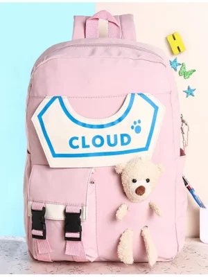 Polo Class Cloud Printed School Bag with Teddy Applique Light Pink Height 18 Inches