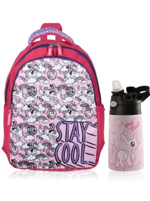 Kuber Industries ( Set of 2 ) Backpack & Water Bottle Combo Set Stay Cool Unicorn SchoolCollege Bag with ( 350 ml ) Insulated Water Bottle Perfect Combo For Adults & Kids Pink Height 17 Inches