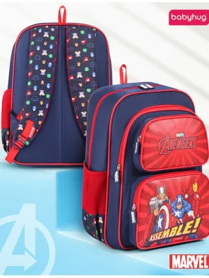 Babyhug Marvel Avengers Assemble Backpack2 Main Compartments 2 Front Pockets 2 side Bottle PocketsWater ResistantLong lasting & Durable Zippers For School & OutdoorsBlue Red 15.8 inches
