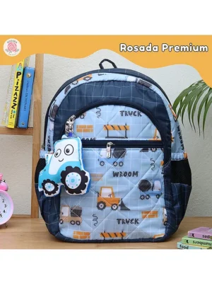 Rosada Blue Truck Light Weight Durable School Bag with Comfortable Cushion Padding Waterproof Trendy and Spacious Kids Backpack Unisex Stylish Bag for Kids Boys and Girls Medium (14 Inches)