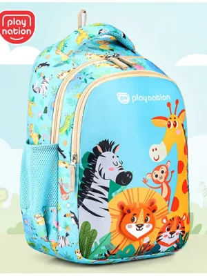Play Nation Jungle theme School Backpack2 Compartments 1 side Bottle PocketWater ResistantLong lasting & Durable Zippers Comfortable back cushioning For School & OutdoorsBlue 15.8 inches