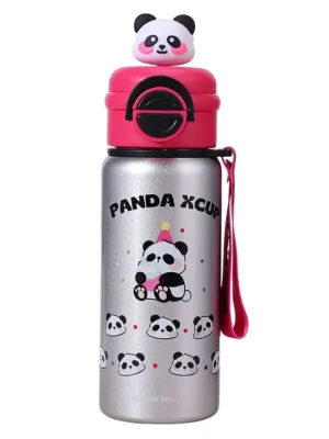 3D Panda Stainless Steel Bottle Silver Pink 550ml