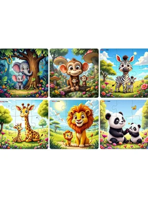 Wooden Jigsaw Puzzle Games for Children & Kids 9 Pieces Age 3+ Years Old Girls & Boys Animals Jigsaw Puzzle (Pack of 6 Wild Animal)