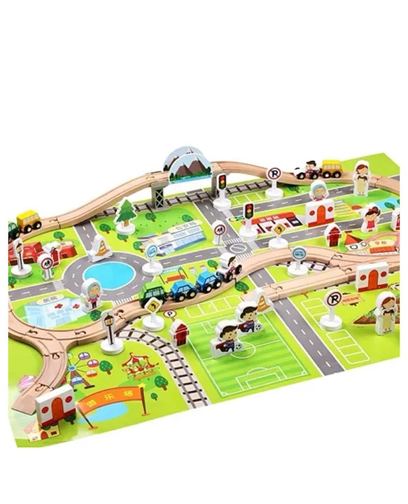 Happy Hues Cityscape Wooden Track Car Bridge Toy Set with Puzzle Playmat with Scenic AccessoriesToys for Boys Girls 3+ Years 80 Pieces