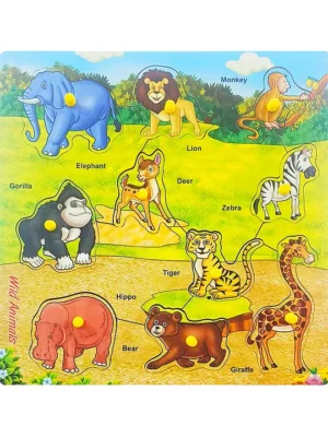 Wooden Peg Board Wild Animals Identification Puzzle Tray Early Learning Wooden Toys for Kids Multicolour