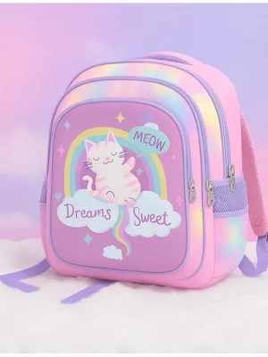 SYGA Kids Backpack Sweet Dreams Meow & Rainbow Fantasy Design with Waterproof School Bag for 6 to 9 Years School Students (Light Pink) Height 16 Inches