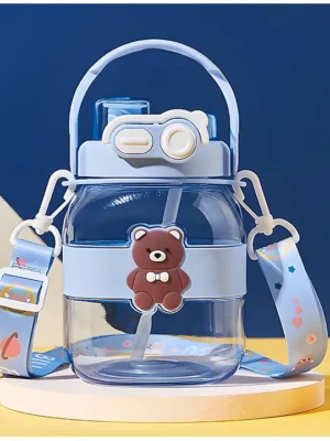 Sanjary Water Bottle With Straw Cute Teddy Bear Sipper Water Bottle For Kids Water Bottle with Locking Flip Lid neck strap Handle Sipper 1000ml color design may vary