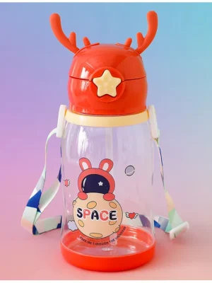 Space Theme Kids Straw Sipper Bottle 600 ml Red BPAFree Leak resistant School Water Bottle for Boys & Girls Stylish Flip Lid Straw & Shoulder Strap