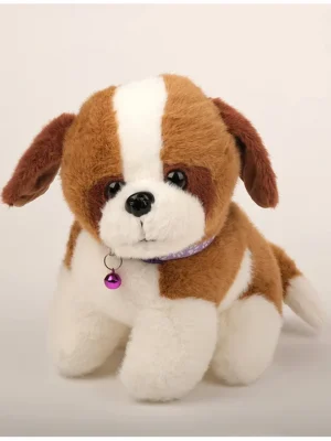 Dukiekooky Cute & Adorable Brown and White Dog with Purple Collar and Bell Plush Toy Soft Stuffed Animal Height 22 cm