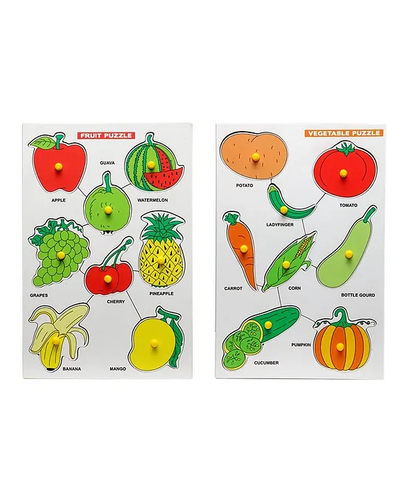 The Little boo Wooden Knob and Peg Fruit and Vegetables Puzzle Pack of 2 Multicolor 8 Pieces each